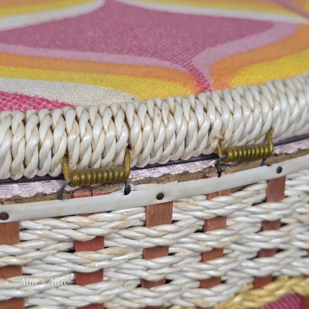 Vintage 70s Sewing Basket Pink‎ Yellow White Mod Notions Box Handle Japan 12